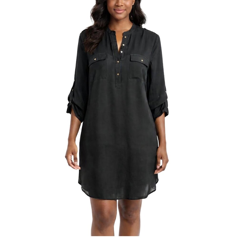Daniel Rainn Black Studded Shirt Dress Roll Tab Sleeve Shift Mini Dress Large